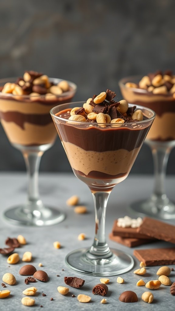 Peanut Butter Mousse Parfaits in elegant glasses topped with chocolate and peanuts.