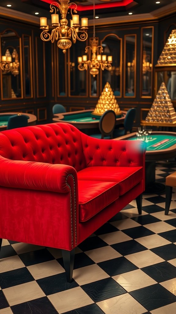 A luxurious crimson velvet couch in a casino adorned with chandeliers and a stylish checkered floor.