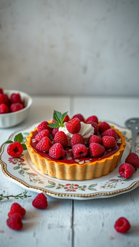A beautifully presented Raspberry Almond Tart topped with fresh raspberries and cream, surrounded by scattered raspberries on a decorative plate.