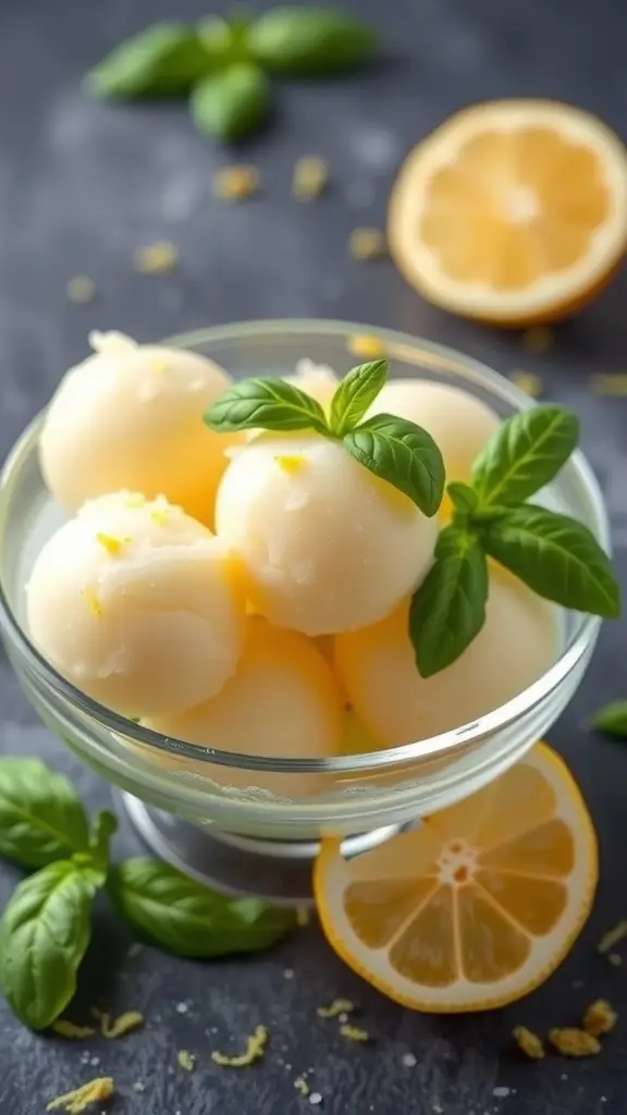 A bowl of lemon basil sorbet garnished with basil leaves and lemon slices.