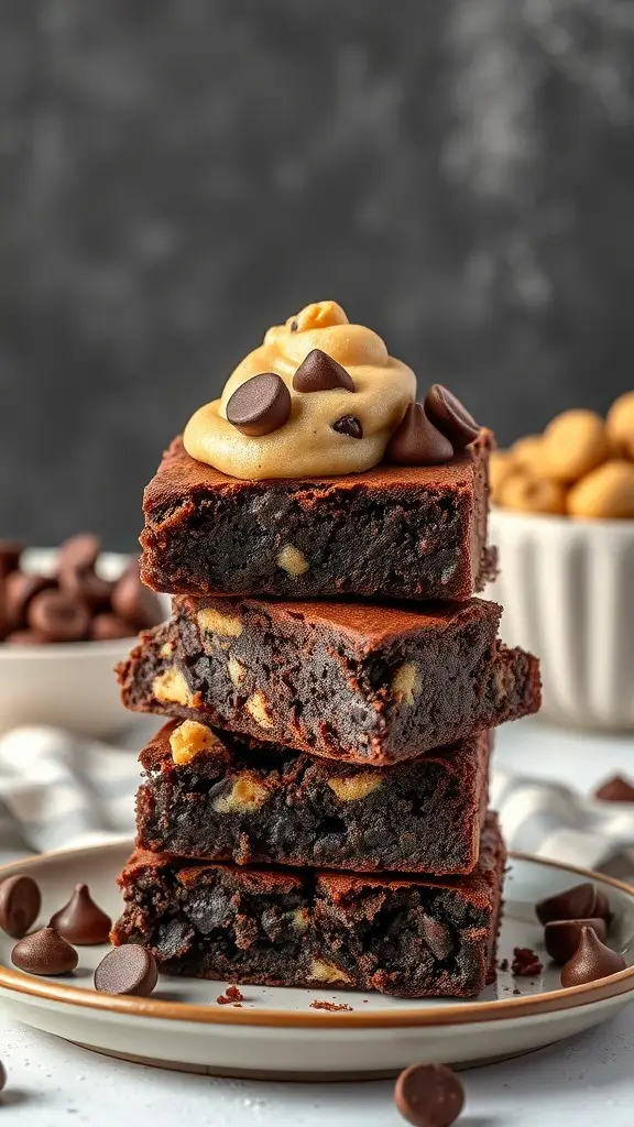A stack of chocolate chip cookie dough brownies topped with cookie dough and chocolate chips.