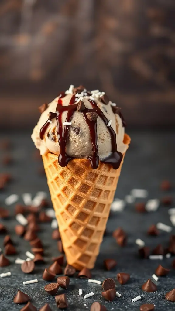 A delicious scoop of mocha chocolate chip ice cream in a waffle cone, drizzled with chocolate sauce and surrounded by chocolate chips.
