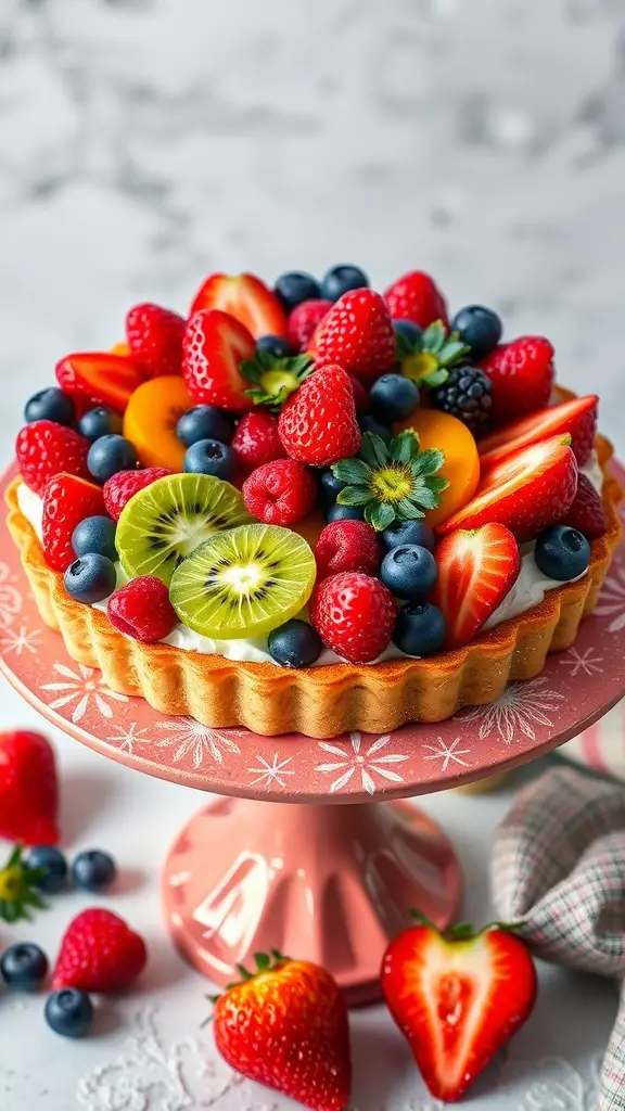A beautifully arranged classic fruit tart topped with a variety of fresh fruits on a pink cake stand.