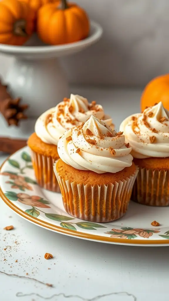 Pumpkin spice cupcakes with cream cheese frosting on a decorative plate