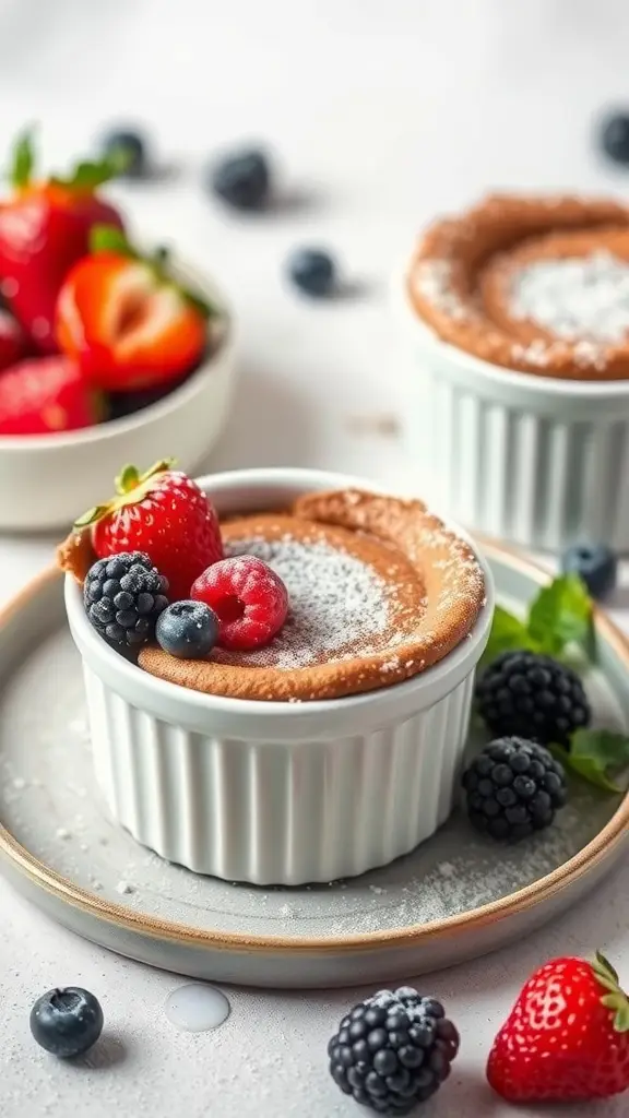 Chocolate soufflé served in ramekins with fresh berries on the side.