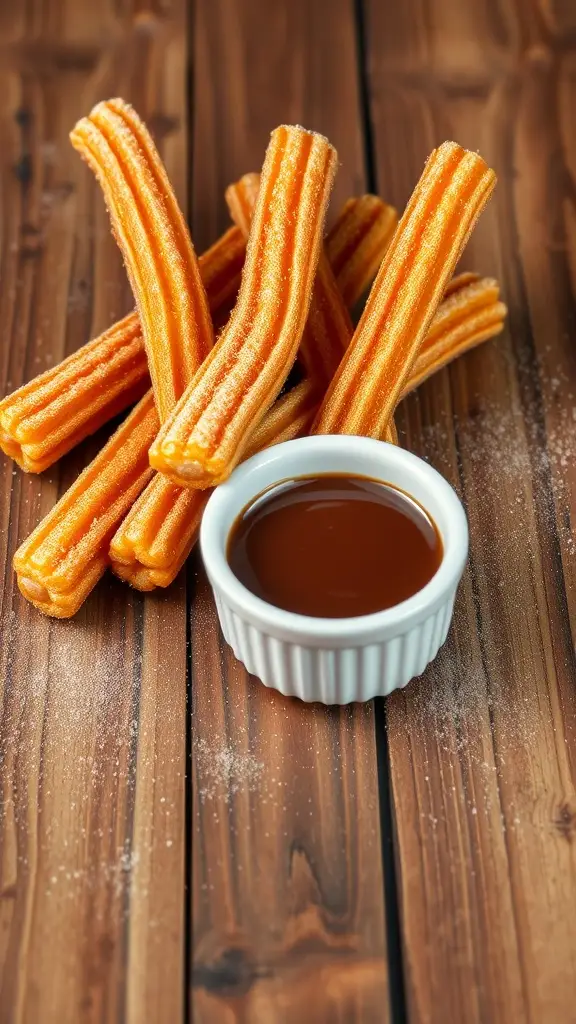 Delicious churros with a chocolate dipping sauce on a wooden table.