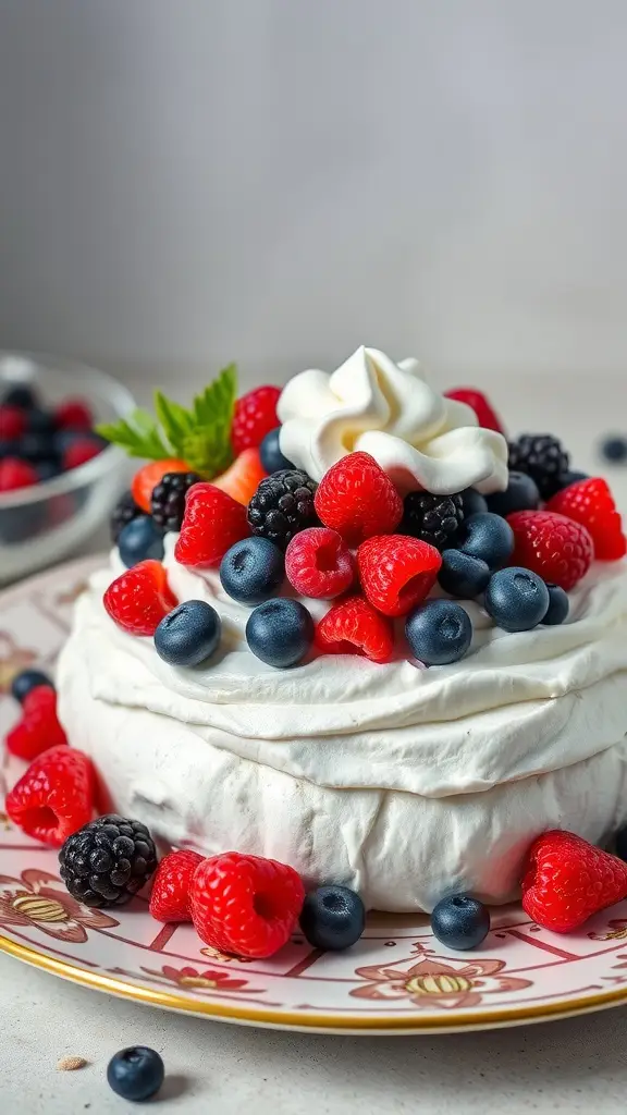 A beautiful Berry Pavlova topped with fresh berries and whipped cream on a decorative plate.