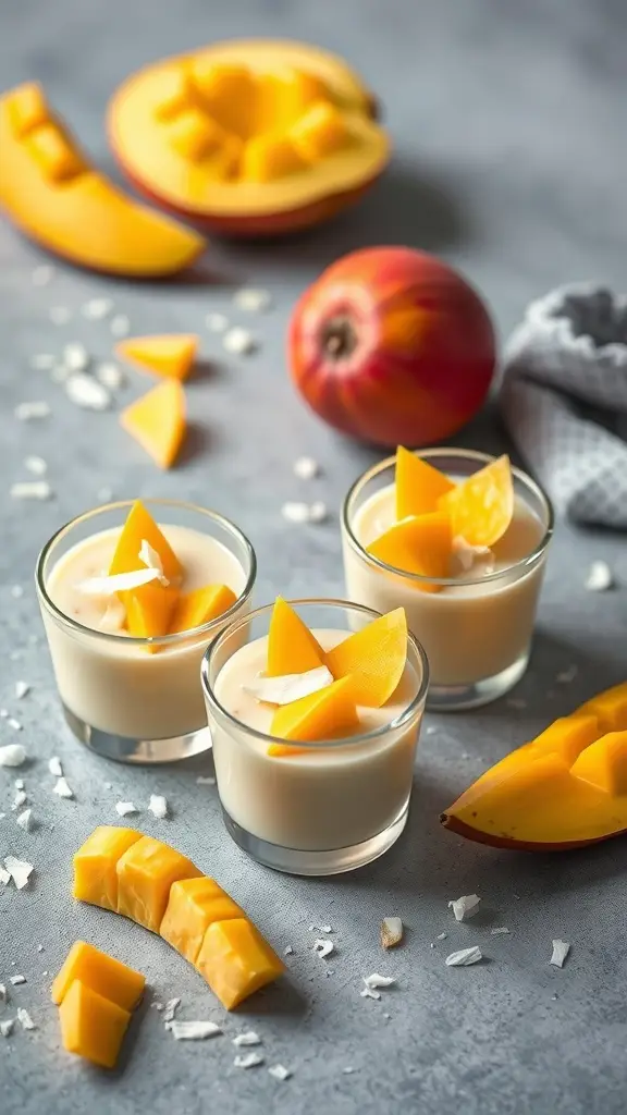 Three cups of mango coconut pudding topped with fresh mango slices and shredded coconut, surrounded by mango pieces.