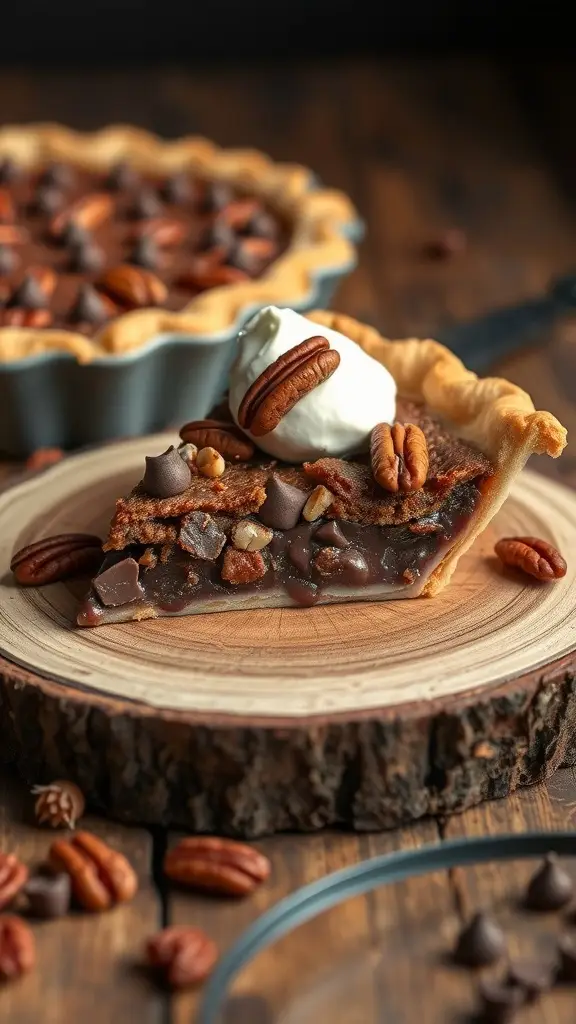 A slice of chocolate chip pecan pie on a wooden plate, garnished with whipped cream and pecans.