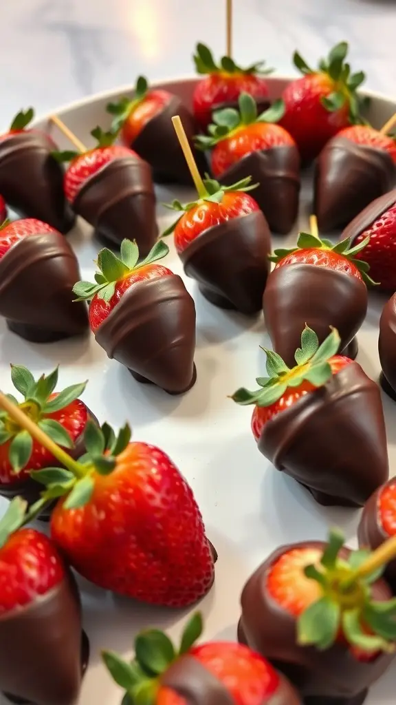 A plate of chocolate dipped strawberries arranged neatly, with some topped with sprinkles.