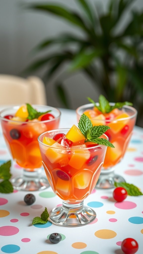 Colorful Jell-O fruit salad cups with mixed fruits and mint leaves