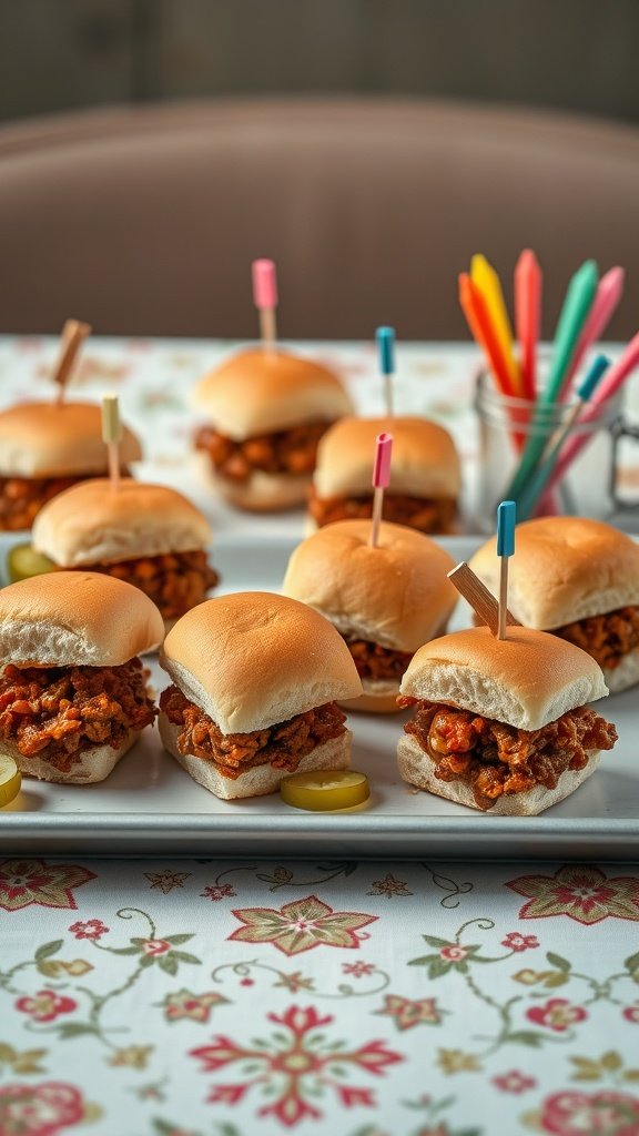 Mini Sloppy Joe Sliders on a platter with colorful toothpicks
