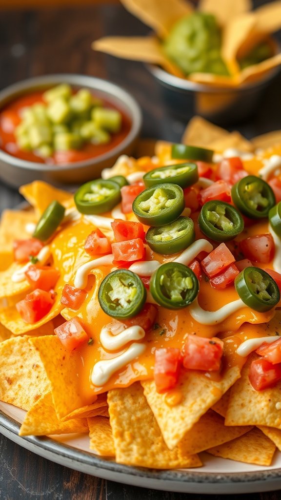 A plate of cheesy nachos topped with jalapeños, tomatoes, and olives, served with salsa and guacamole.