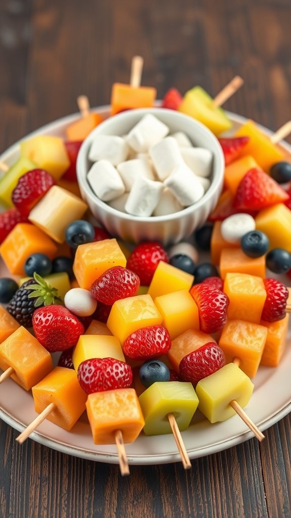 Colorful fruit kabobs with a bowl of marshmallows for dipping