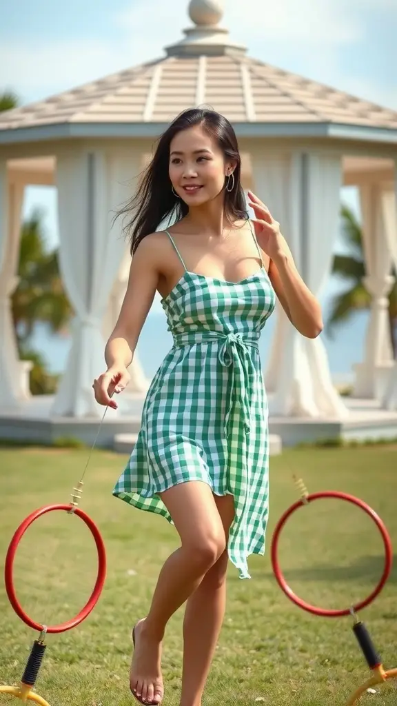 A woman in a green and white checked dress smiling on a lawn with a gazebo in the background.