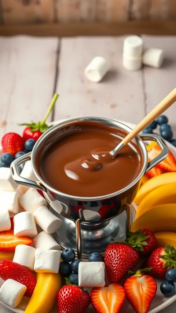 A bowl of chocolate fondue surrounded by fresh fruits and marshmallows