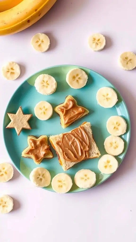 A plate with peanut butter and banana sandwiches, surrounded by banana slices.