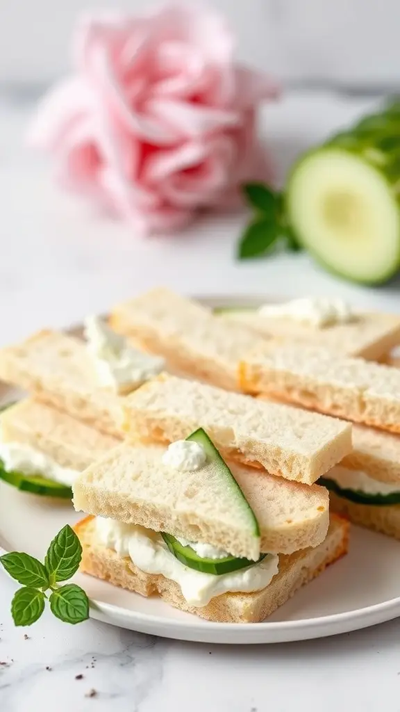 Plate of cucumber sandwiches with cream cheese, garnished with mint leaves and a pink rose in the background.