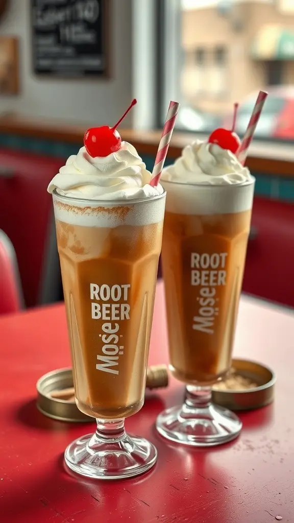 Two tall glasses of root beer floats topped with whipped cream and cherries