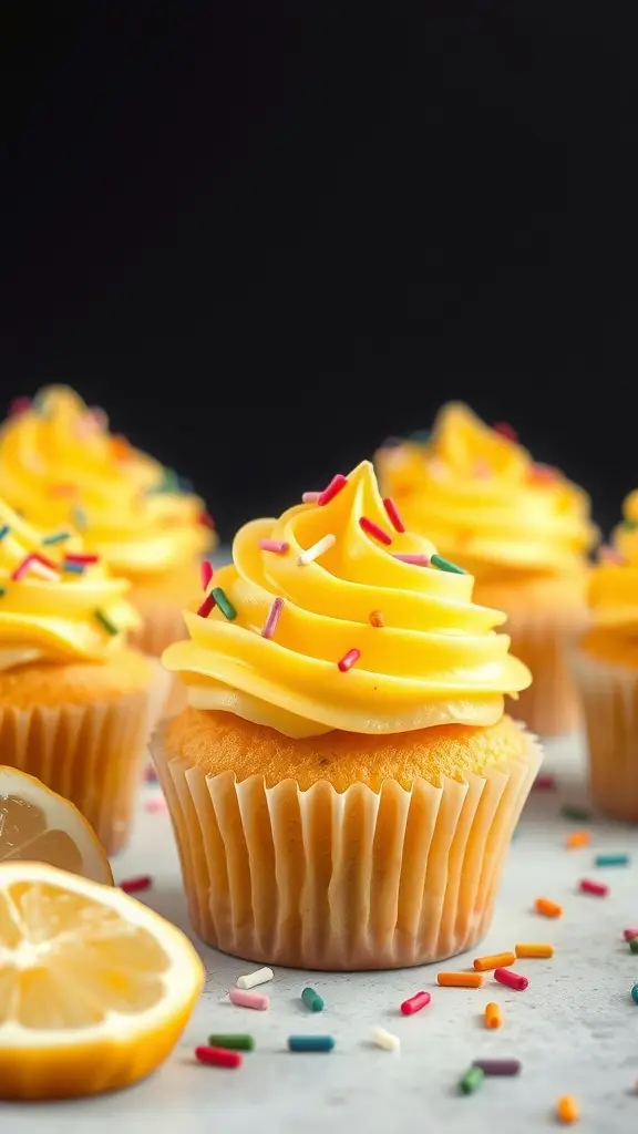 Tangy Lemonade Cupcakes with yellow frosting and colorful sprinkles