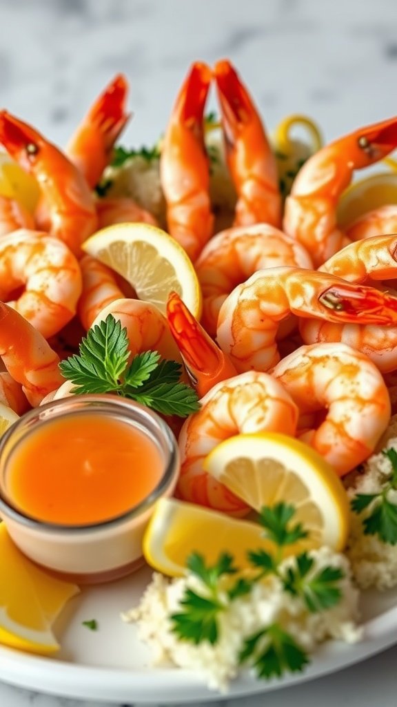 A plate of classic shrimp cocktail with lemon wedges and cocktail sauce