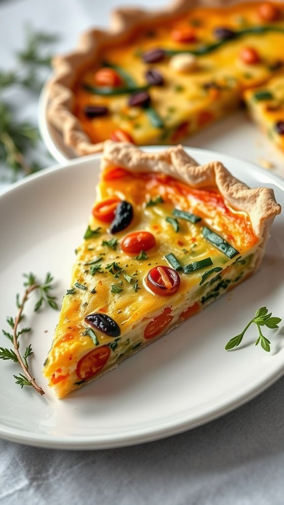 A slice of roasted vegetable quiche on a plate with fresh herbs.