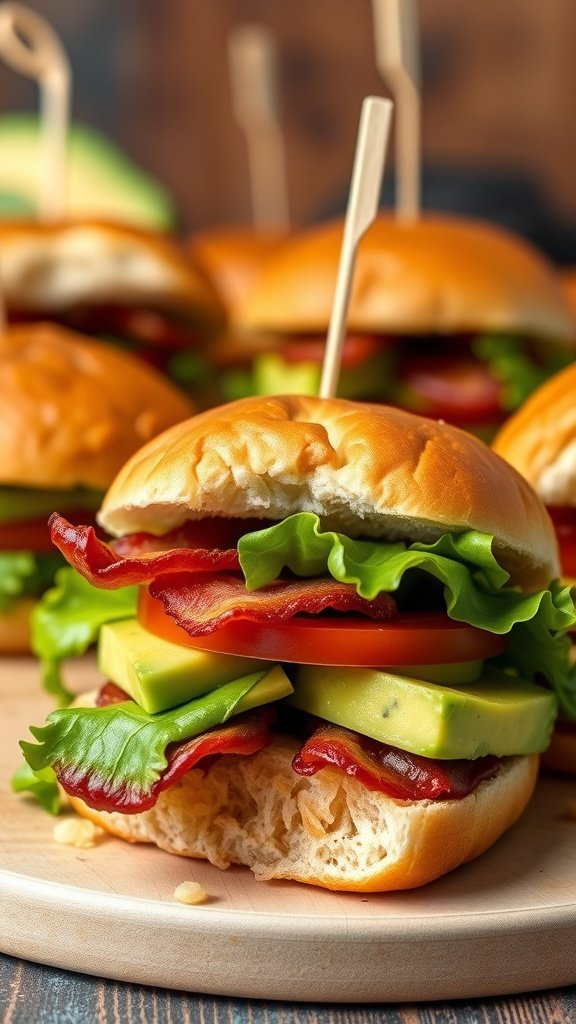 Gourmet BLT sliders with avocado on a wooden platter