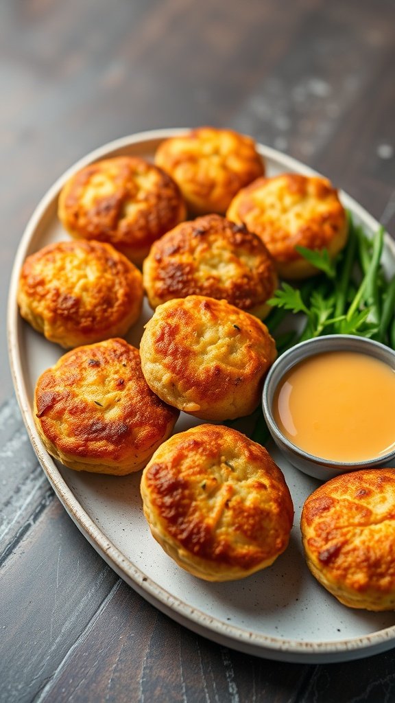 A platter of mini crab cakes served with a spicy remoulade sauce.