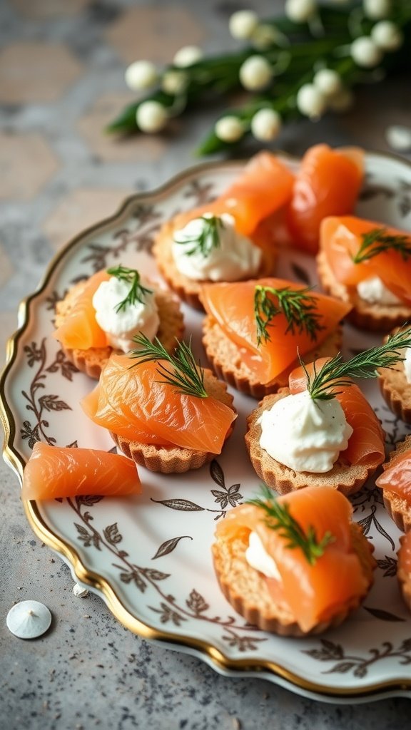 A plate of smoked salmon and cream cheese canapés garnished with dill.