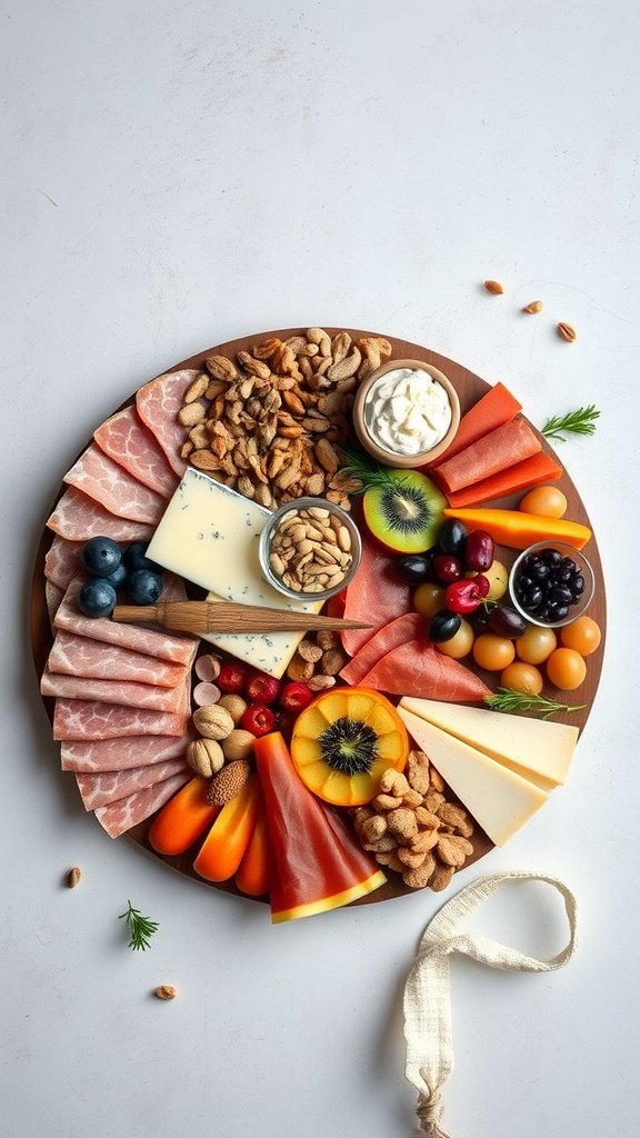 Artisan charcuterie board featuring gourmet cheeses, cured meats, fresh fruits, and nuts