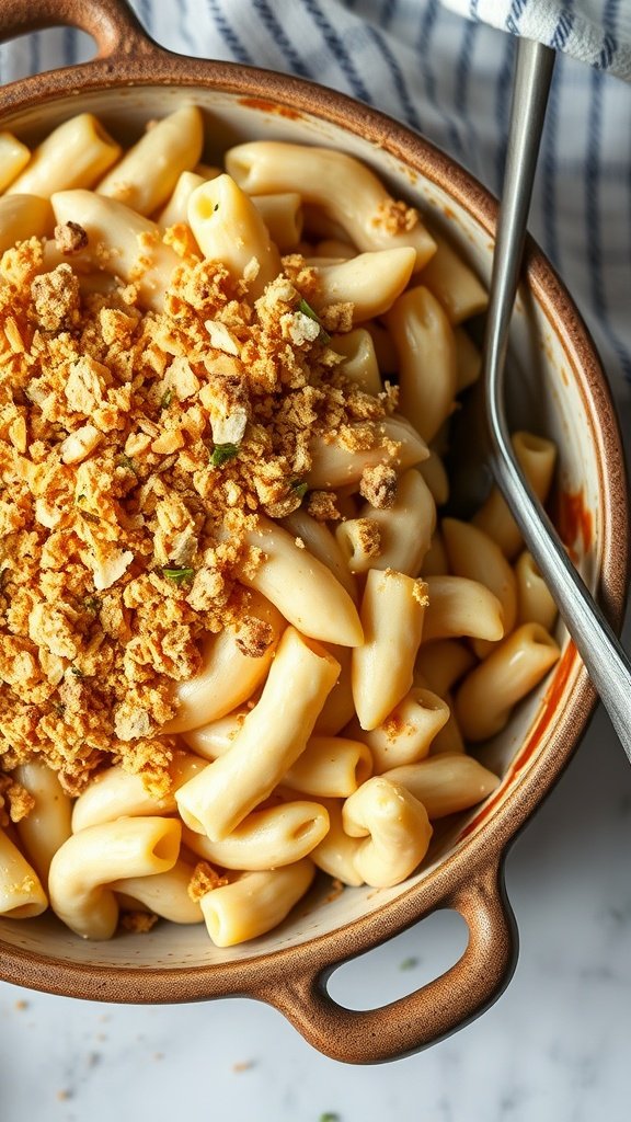 A creamy truffle mac and cheese topped with crispy breadcrumbs in a serving dish.