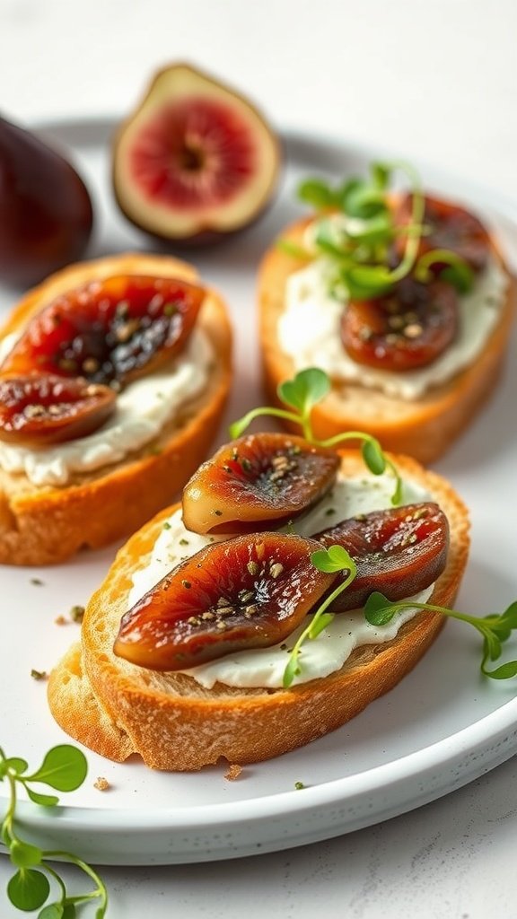 A plate of herbed goat cheese and fig crostini topped with fresh figs and microgreens.