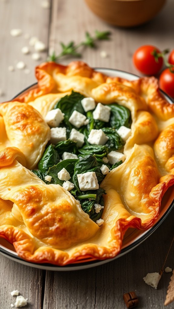 A plate of spinach and feta stuffed puff pastry, garnished with fresh ingredients.