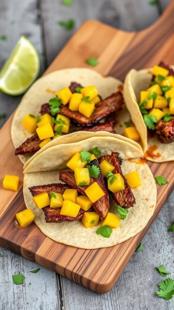 Crispy Duck Confit Tacos with Mango Salsa on a wooden board