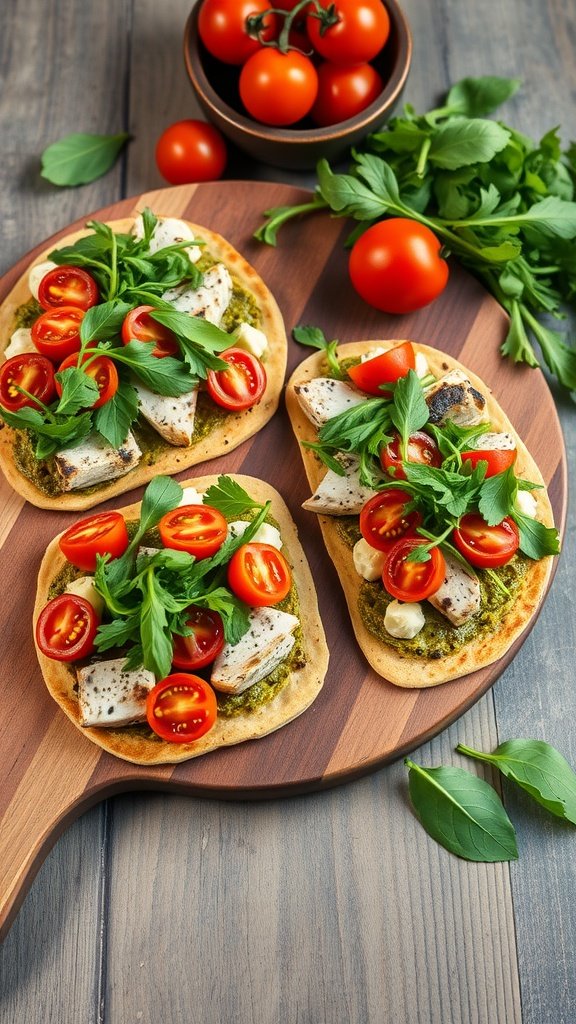 Pesto Chicken Flatbreads topped with arugula and cherry tomatoes on a wooden board.
