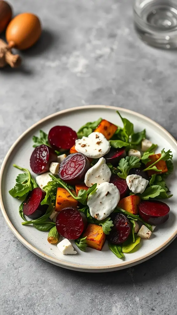 A colorful plate of roasted beet and goat cheese salad with mixed greens and walnuts.