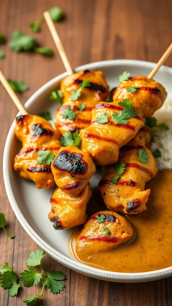 Grilled chicken satay skewers with peanut sauce and cilantro on a plate.