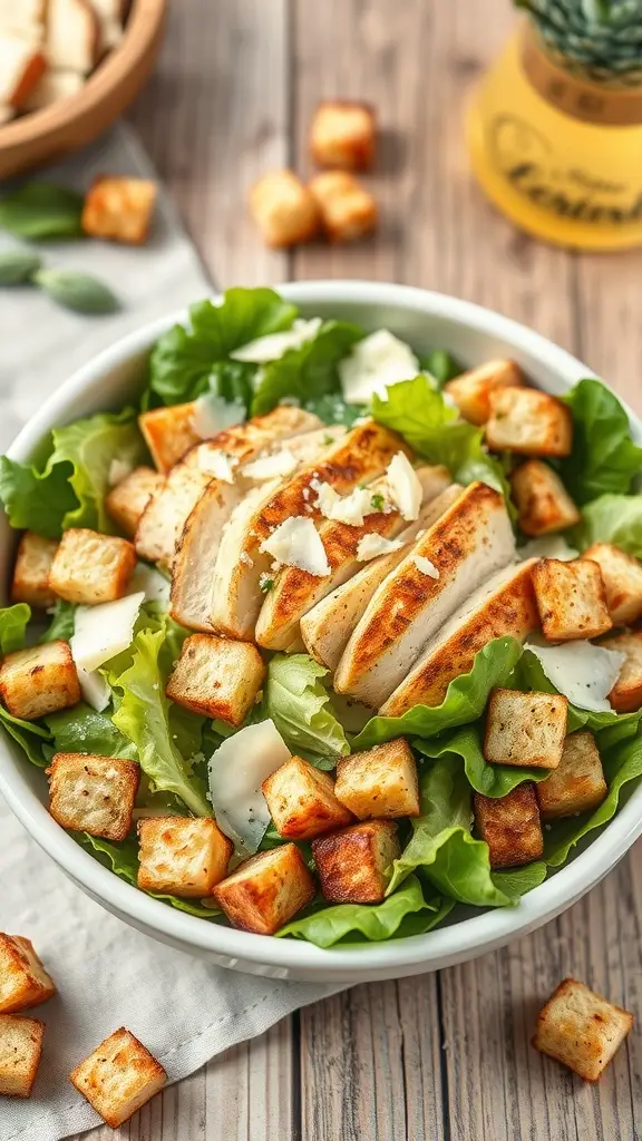 A bowl of Classic Caesar Salad with Grilled Chicken, featuring crisp lettuce, grilled chicken slices, croutons, and Parmesan cheese.