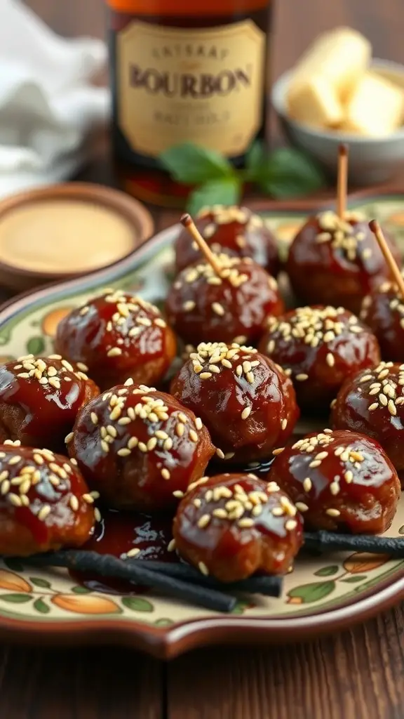 Plate of bourbon glazed meatballs topped with sesame seeds