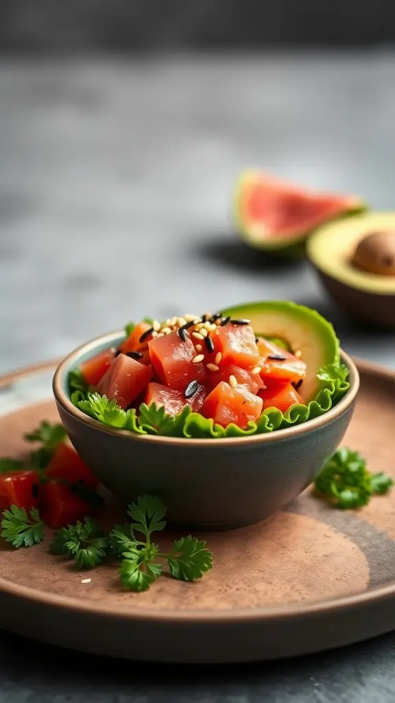 A bowl of spicy tuna tartare with avocado and sesame, garnished with cilantro and served on a plate.