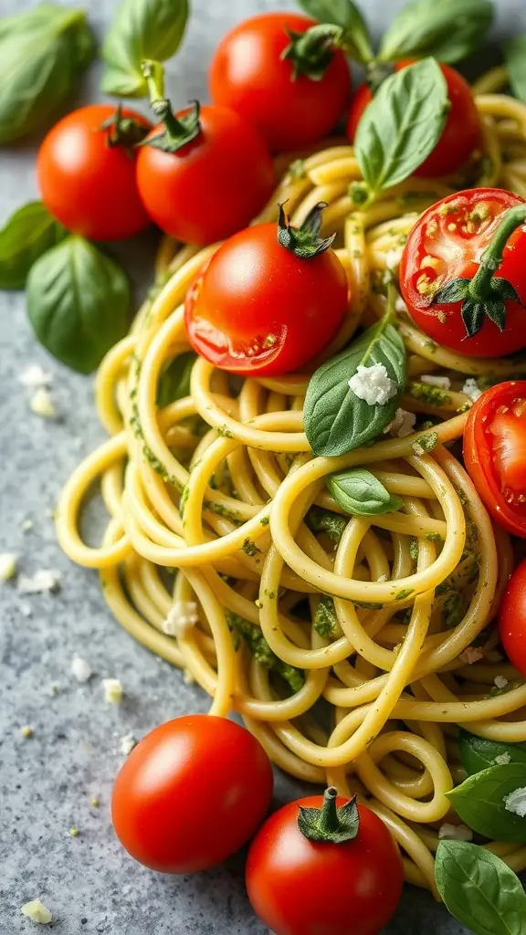 A plate of zucchini noodles topped with pesto and cherry tomatoes, garnished with fresh basil.