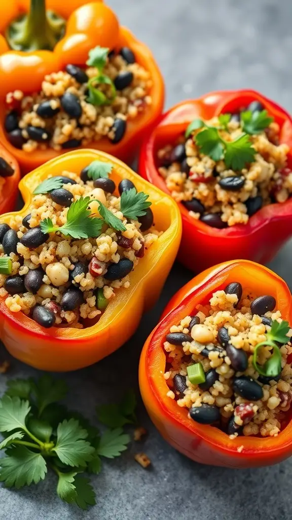 Stuffed bell peppers filled with quinoa and black beans, garnished with cilantro.