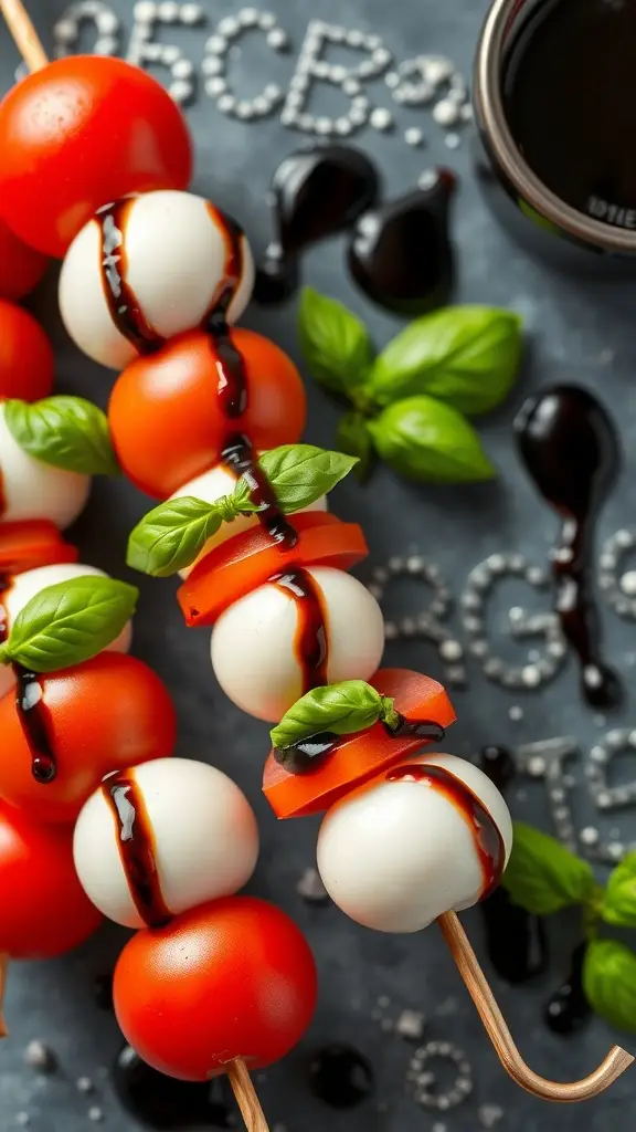 Caprese salad skewers with cherry tomatoes, mozzarella, and basil drizzled with balsamic glaze
