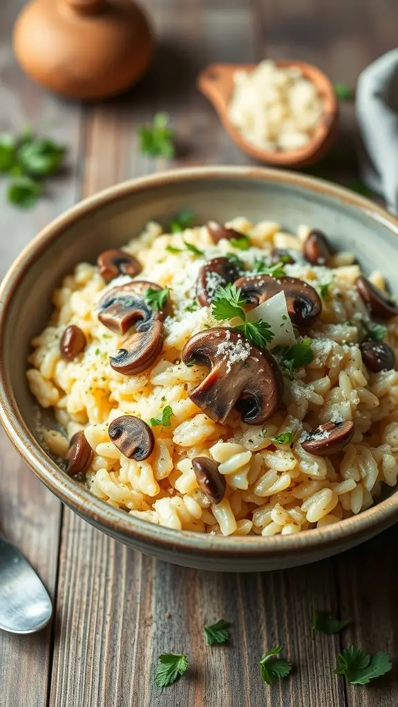 A bowl of creamy mushroom risotto topped with Parmesan cheese and fresh parsley.