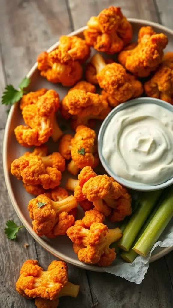 A plate of buffalo cauliflower bites with a bowl of blue cheese dip and celery sticks.