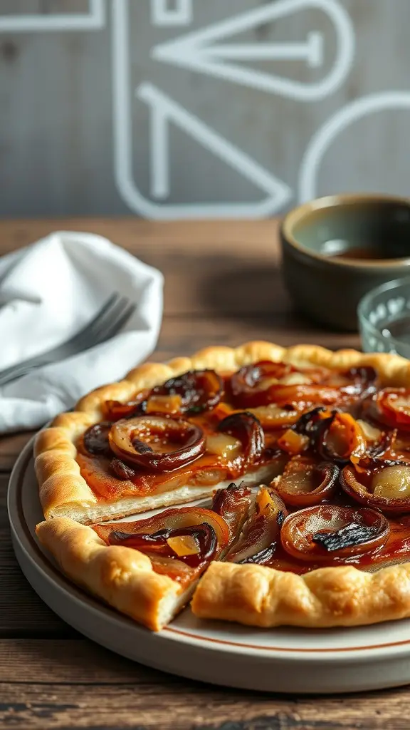 A delicious caramelized onion and Gruyère tart on a wooden table.