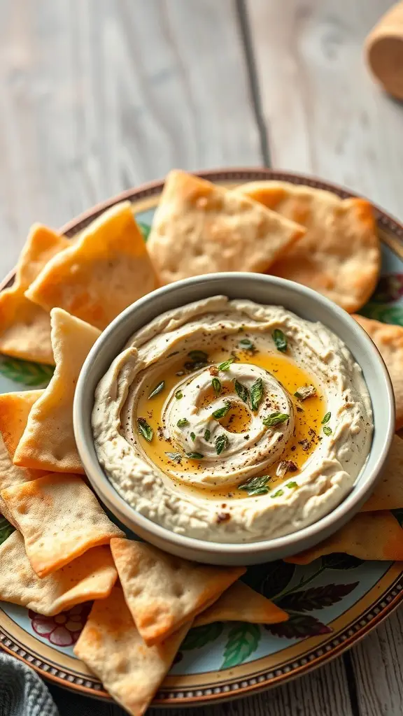 A bowl of roasted garlic and herb hummus surrounded by crispy pita chips.