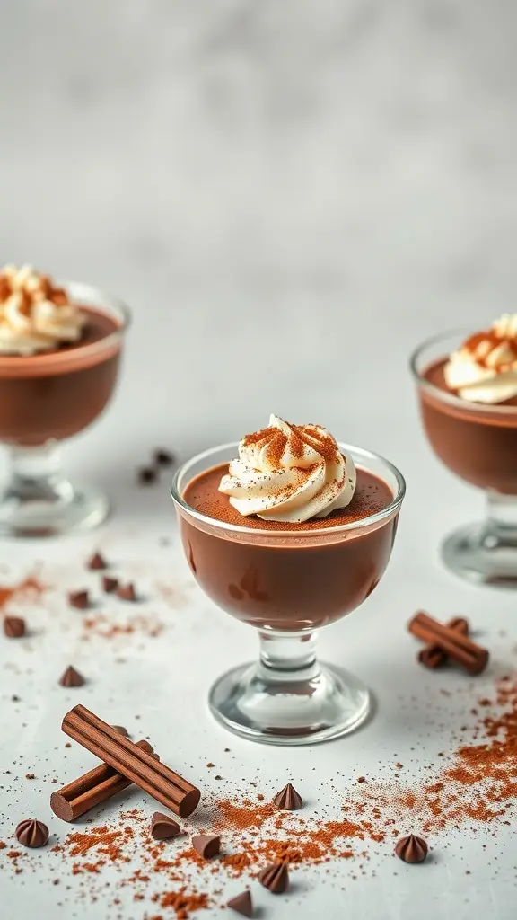 Chocolate espresso mousse cups topped with whipped cream and cocoa powder