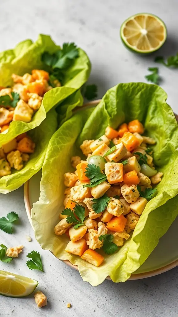 Coconut Curry Chicken Salad Lettuce Wraps with mango and cilantro