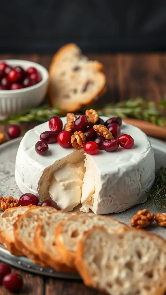 Baked Brie topped with cranberries and walnuts, served with slices of bread